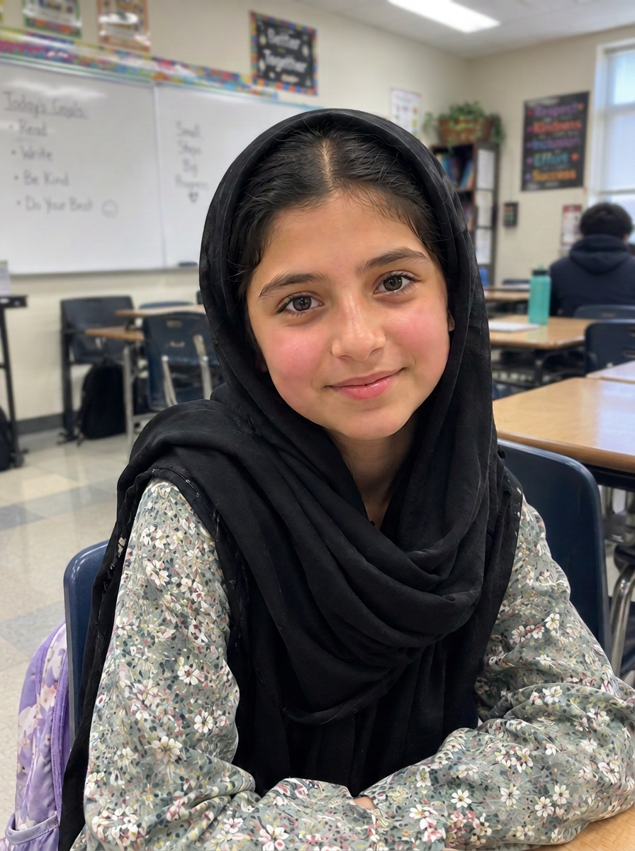 Amira, a middle school student wearing a black headscarf, smiling at her desk in a bright classroom with whiteboards and classmates behind her.