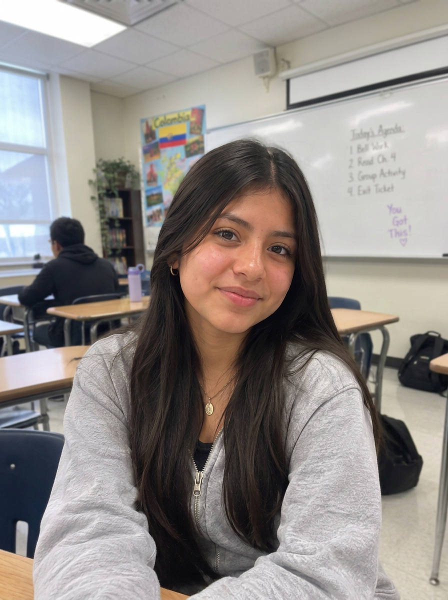 Sophia, a student in a gray hoodie with long dark hair, smiling in her classroom with a whiteboard and world map behind her.